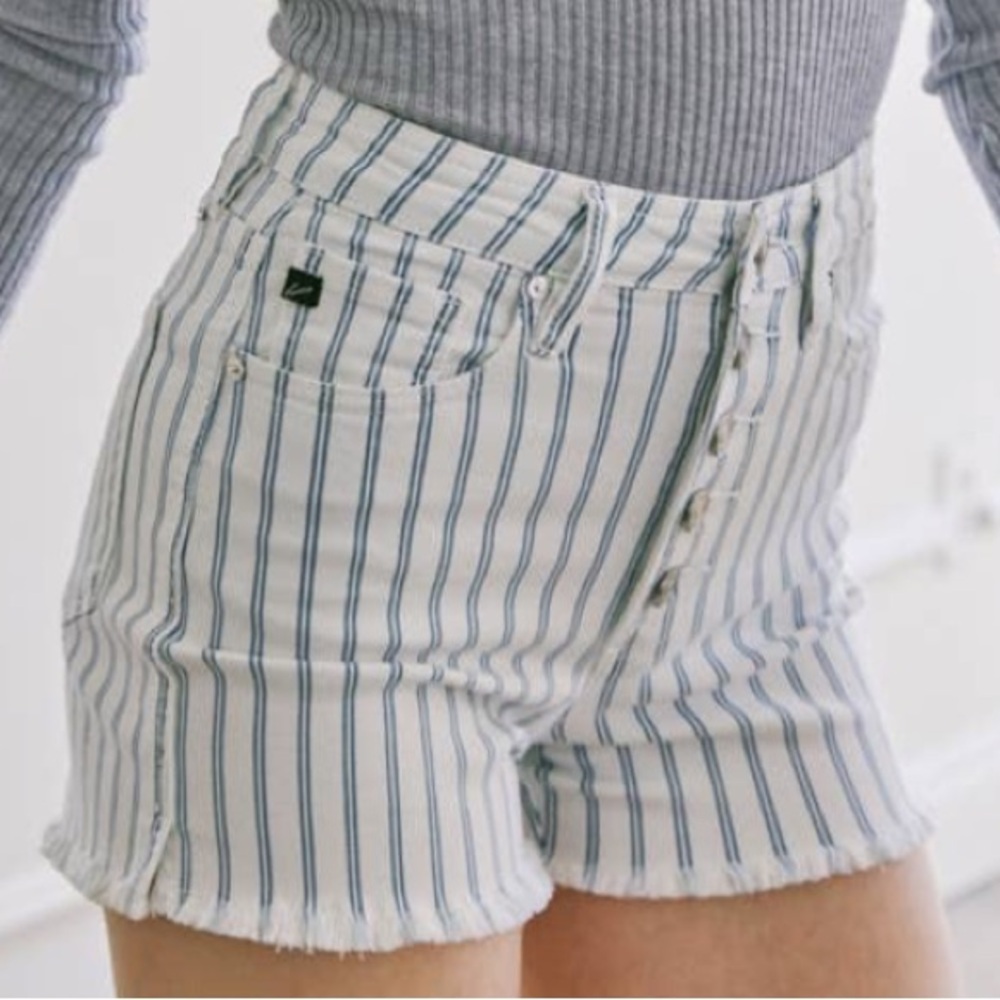 High Waisted Button Fly KanCan Pinstripe Cutoff Shorts
